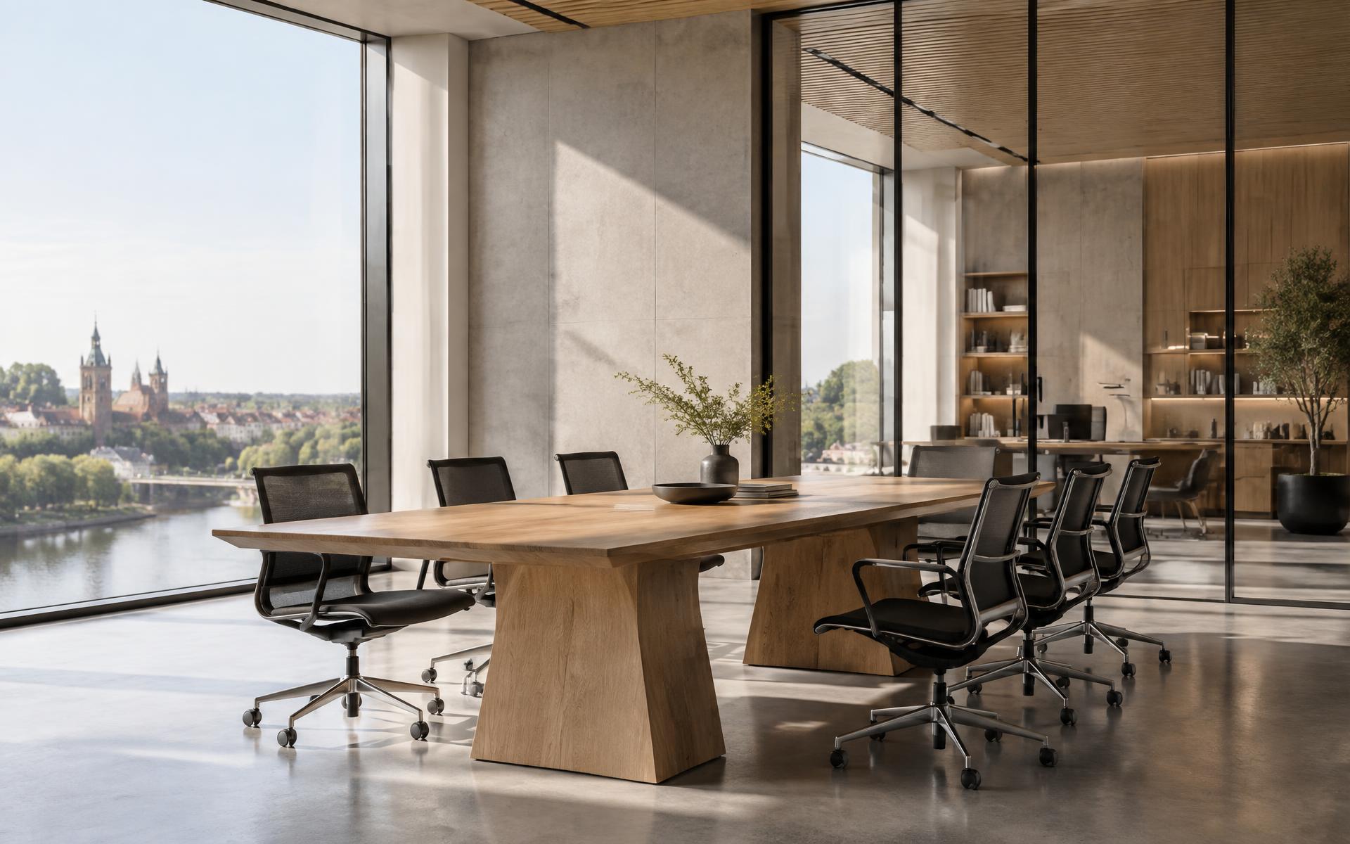 Šiuolaikinė biuro erdvė su mediniu stalu ir ergonominėmis kėdėmis